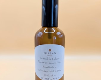 Idrolato di incenso puro di Boswellia sacra. Flacone in vetro ambrato riutilizzabile da 100 ml.