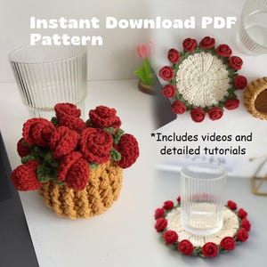 PDF-Muster für Untersetzer/Decke mit Rosenstrauß, Häkelanleitung inklusive, Häkeluntersetzer Blumentopf, Häkelmuster