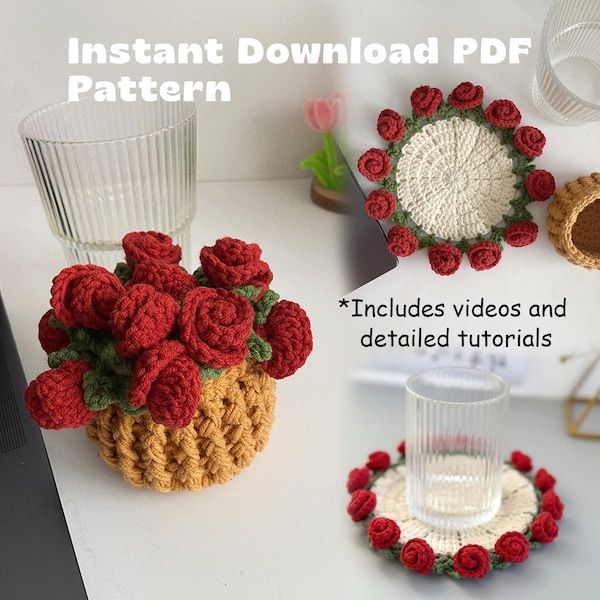 SOLO SCHEMA PDF Modello per sottobicchiere/coperta a forma di bouquet di rose all'uncinetto incluso Video tutorial, sottobicchiere floreale in vaso, modello all'uncinetto