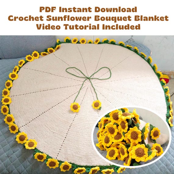 PDF Instant Download Crochet Sunflower Bouquet Blanket Pattern, Video Tutorial Included, Crochet Pattern, Sunflower Tutorial, Home Blanket