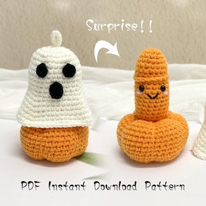 May include: Crocheted Halloween-themed toys. One is a white ghost with black eyes and mouth, atop an orange base. The other is an orange, smiling, phallic-shaped toy. The text "Surprise!!" and "PDF Instant Download Pattern" are also visible.