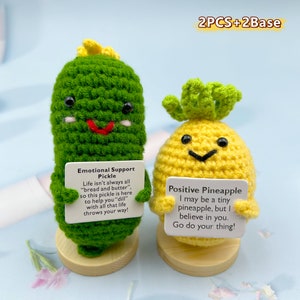 Handmade Emotional Support Pickle,Crochet Smiley Sour Cucumber,Knitted  Pickle With Positive Quote,Cheer Up Gift,Crochet Decor (Pickle With Base) 