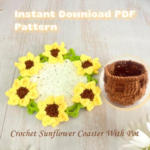 PDFインスタントダウンロード、かぎ針編みのひまわりの花束コースターのパターンチュートリアル、かぎ針編みのパターン、ひまわりの花束ブランケットDIY