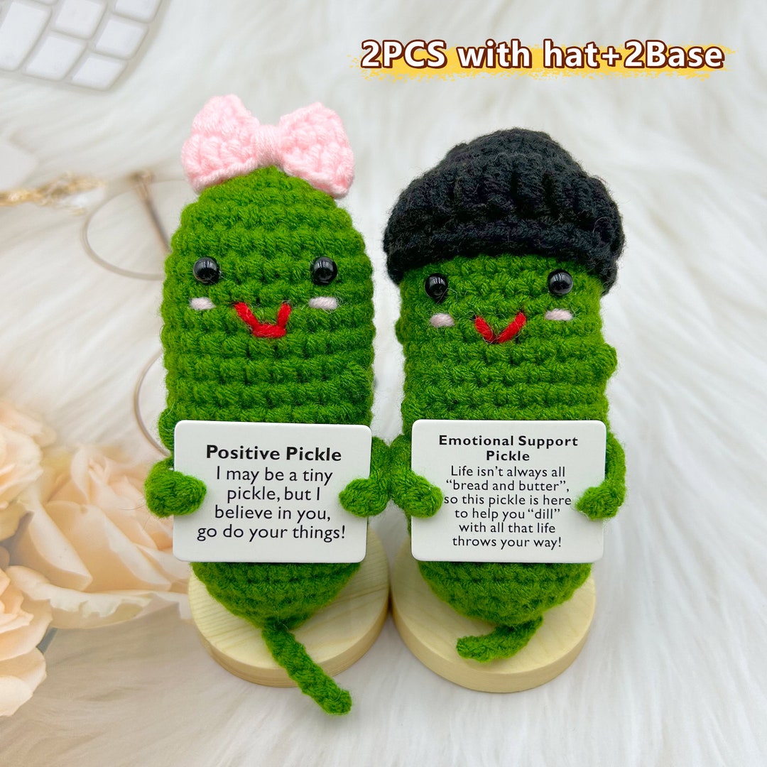 Ryvera Emotional Support Pickle – Hand Knitted Positive Cucumber Gift With Wooden Stand & Card For Fun Encouragement