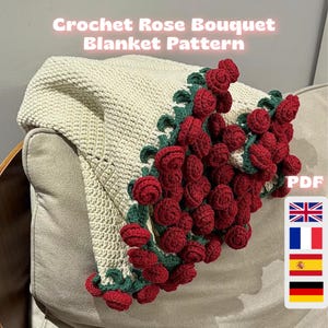 PDF-Häkelanleitung für die Rosenstrauss-Decke, mit Video-Anleitung, mehrsprachig, Romantische Häkeldecke, Häkeldecke