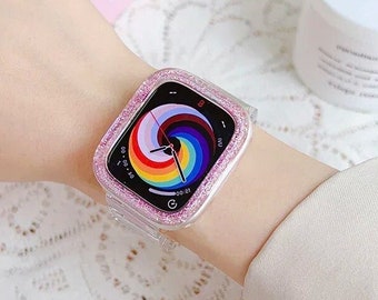 Glittery Case + Iridescent Transparent Band for Apple Watch Series 9/8/7/6/5/4/3/SE/Ultra/Ultra2 | Cute Apple Watch Band and Case for Girls