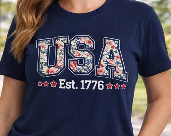 Floral USA Shirt Patriotic Fourth of July Womens Independence Day Tee