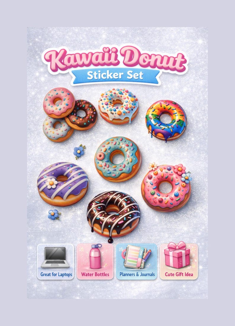 Kawaii Donut Sticker Set, Vinyl Decals for Laptop, Water Bottle ...