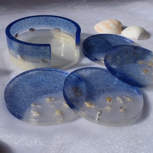 Coastal Resin Coasters – Handmade Beach Seashell and Sand Set