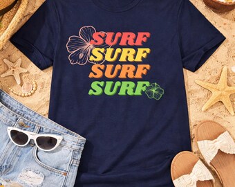 Retro Surf T-Shirt, Vintage Beach Ocean Graphic Summer Vacation Surfer Gift Tee