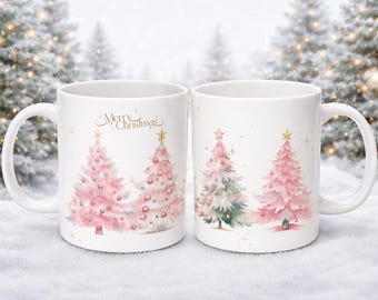 Pink Gold Christmas Tree Mug, Elegant Holiday Coffee Cup, Festive Mug