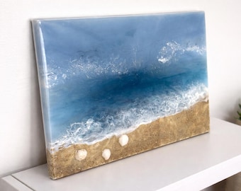Resin Ocean Wave Wall Art with Real Sand and Shells Coastal Decor