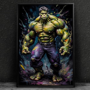Può includere: Stampa artistica incorniciata raffigurante Hulk. Hulk è raffigurato in una posa dinamica, con un fisico verde e muscoloso, pantaloni viola e una cintura nera. Lo sfondo è scuro con schizzi di vernice colorati.