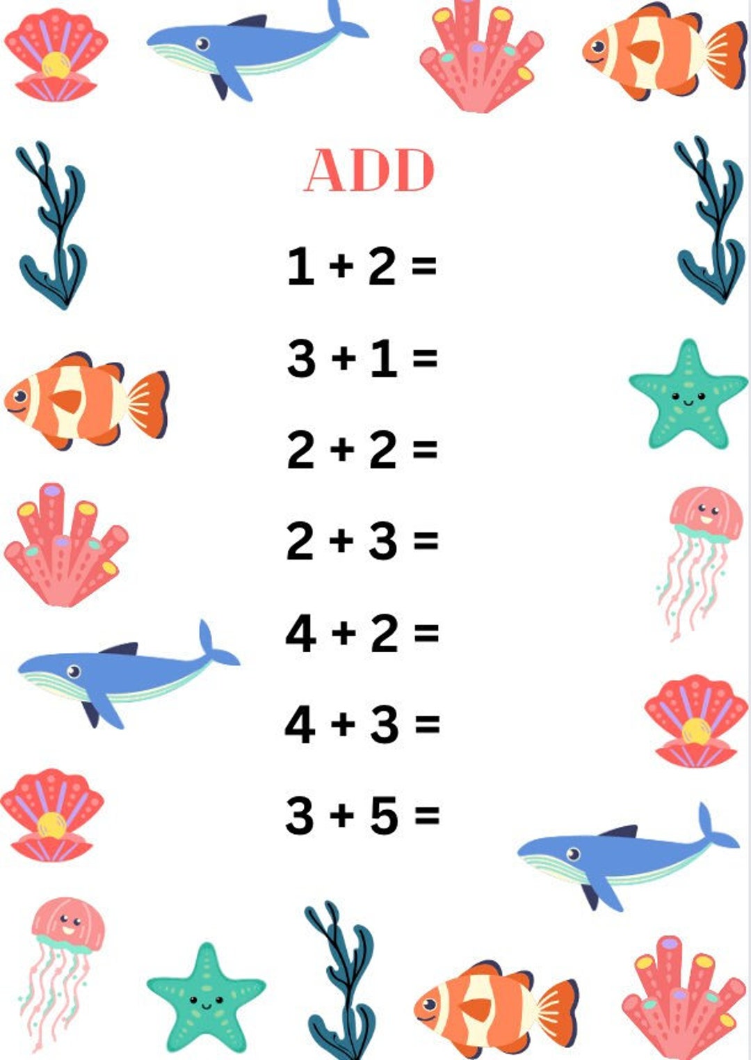 Kindergarten Adding Worksheet Etsy