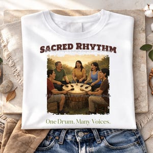 May include: White t-shirt with the text "SACRED RHYTHM" in brown letters above an image of people playing a drum. The image includes the text "One Drum. Many Voices."