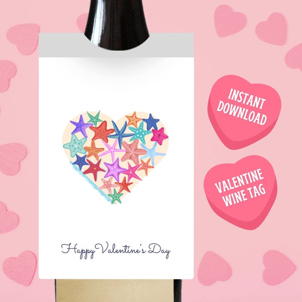 Starfish Valentine’s Day Wine Tag - Beach, Coastal, Tropical, Island Themed Wine or Liquor Bottle Hanger Tag, Printable Wine Tag Valentine