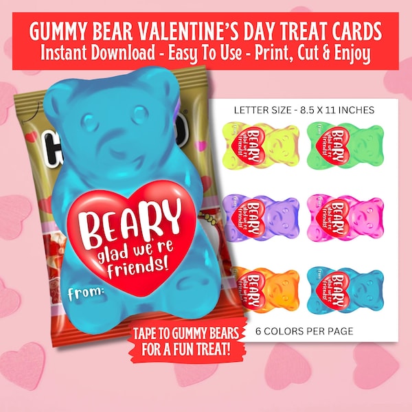 Gummy Bear Valentine’s Day Card - For Gummy Bears, Valentines Cards for Kids, School Valentines, Classroom Valentines, Printable Valentines