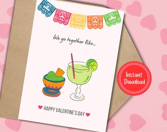 Margarita & Guacamole Valentine’s Day Card, Margarita Valentine Card, Printable Valentine’s Day Cards, Mexican Food Valentine Card, Margs