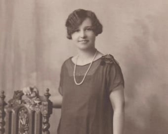 1920s Real Photo Postcard Young Woman in Flapper Dress Herman's Studios Wood Green London