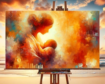 Puede incluir: Una pintura en un caballete de madera representa a una madre y un niño en un estilo abstracto cálido. La madre está abrazando al niño, y los colores son principalmente naranja, amarillo y rojo.