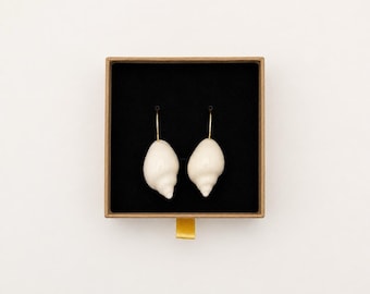 Handmade Ceramic Seashell Hoop Earrings, Coastal Minimalist Summer Jewelry, Gold Silver Hoops
