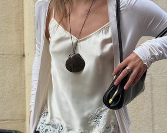 Scallop Shell Ceramic Necklace [maxi] - Black Clay with a Natural Brownish Shade