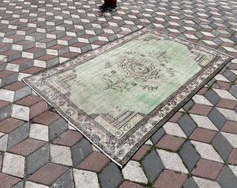 Oversized Green Turkish Rug: 5.4 x 8.2 ft, Vintage Bohemian Carpet