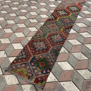 Vintage Kilim Runner Rug: Handmade Wool Kitchen Decor (9.9x2.3 ft)
