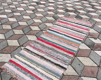 Vintage Turkish Kilim Rug: Colorful Wool Bath Mat (2.4x6.4 ft)