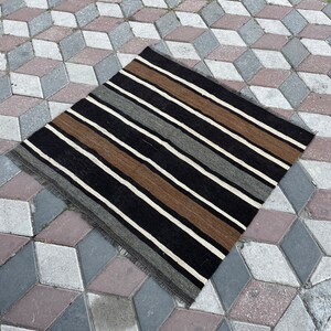 Black rug, Minimalist rug, Courtyard rug, Vintage doormat, Striped rug, Goat hair rug, Hallway rug, 3x4 rug