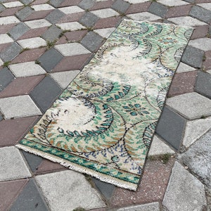 Handgefertigter Türkischer Teppich: Grüner Vintage Flurteppich (50 x 120 cm)
