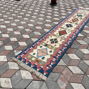 Vintage Turkish Kilim Runner Rug: Bohemian Wool Hallway Rug (2.6x12.7 ft)