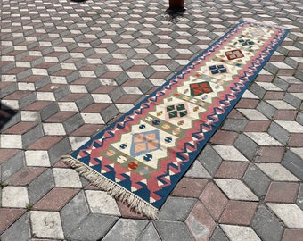 Alfombra Kilim Turca Vintage: Alfombra Boho de Lana para Pasillo (0,78 x 3,8 m)