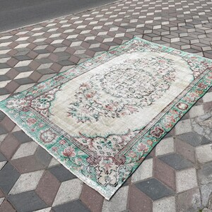 Green Vintage Turkish Oushak Rug - 5.5x9.1 FT Wool Carpet