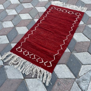 Red Wool Kilim Rug: Anatolian Rustic Area Rug (2.1 x 4.1 ft)