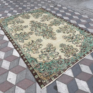Green Turkish Wool Carpet: 6.4 x 9.6 ft Vintage Anatolian Rug