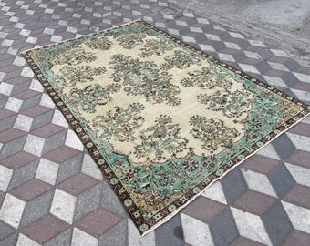 Green Turkish Wool Carpet: 6.4 x 9.6 ft Vintage Anatolian Rug
