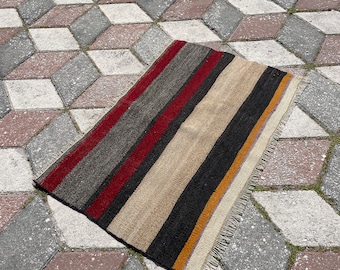 Striped Turkish Kilim Rug: Handmade Wool Carpet (2.7x1.8 ft)