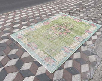 Vintage Turkish Oushak Rug: Large Green Interior Carpet (9x6.2 ft)