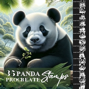 May include: A digital illustration of a panda bear holding a sprig of leaves, set against a lush, green jungle backdrop. The image includes the text "35 PANDA Stamps PROCREATE". A series of panda stamp designs are shown on the right.