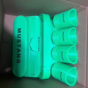 Pode incluir: Um conjunto de quatro copos de shot de pl&aacute;stico verde com a palavra "Mustang" impressa em cada um. Os copos est&atilde;o dispostos em fila, com a palavra "Mustang" voltada para a frente. Os copos est&atilde;o em uma caixa de papel&atilde;o.