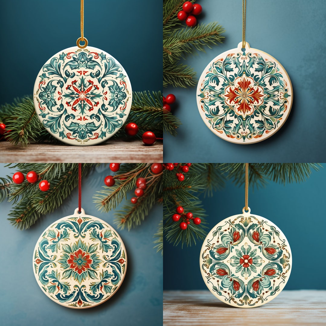 12 Set of Vintage Ceramic Christmas Ornaments Unique Traditional Mosaic