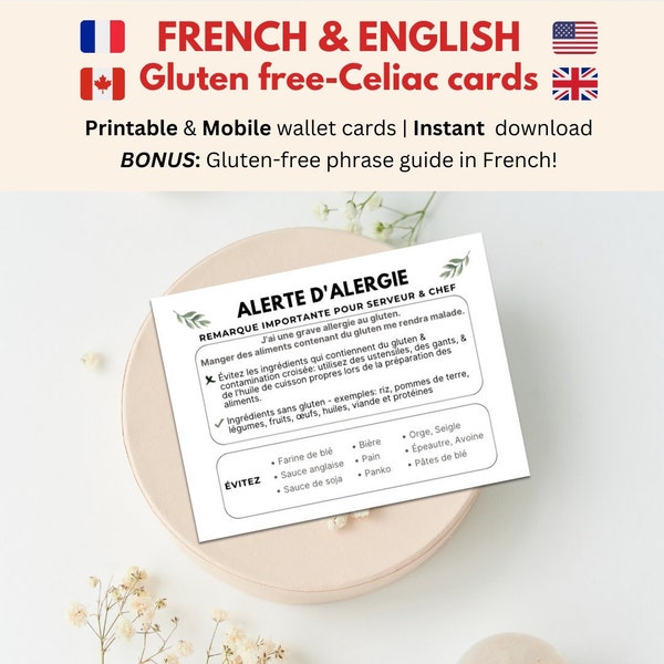 Cartes imprimables français anglais sur les allergies au gluten • Carte restaurant coeliaque • Voyage France Québec • Alerte médicale française coeliaque