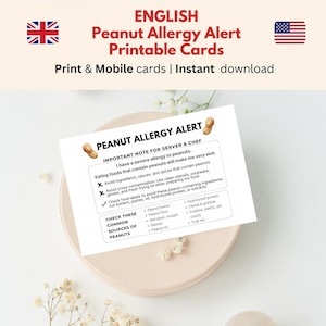 Druckbare englische Erdnuss-Allergie-Karte • Allergiker-Restaurantkarte • Reisekarte • Erdnussallergie-Erdnussfreie medizinische Warnkarte