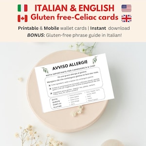 Afdrukbare Italiaans-Engelse glutenallergiekaarten • Coeliakie-restaurantkaart • Reizen Italië • Coeliakie Italiaanse medische waarschuwing