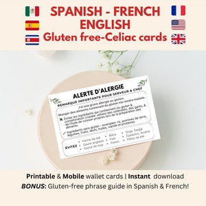 Afdrukbare Spaans Frans Engels Glutenallergiekaarten • Coeliakie Restaurantkaart • Europa Mexico Frankrijk Reizen • Coeliakie Spaanse medische waarschuwing
