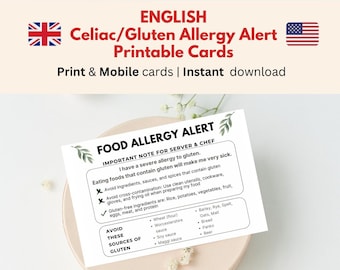 Printable English Gluten Allergy Cards • Celiac Restaurant Card • Allergy Travel Card • Coeliac Medical Alert Card