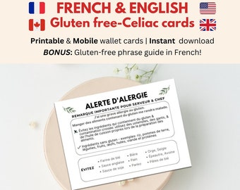 Französisch Englisch Gluten Allergie Karten • Zöliakie Restaurant Karte • Frankreich Quebec Reise • Zöliakie Französisch Medizinischer Alarm