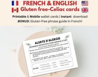 Printable French English Gluten Allergy Cards • Celiac Restaurant Card • France Quebec Travel • Coeliac French Medical Alert