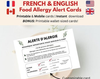 Printable French Food Allergy Card • Customizable Restaurant Allergy Alert Card • French Allergy Travel • Shellfish Peanut Egg Nut Allergy